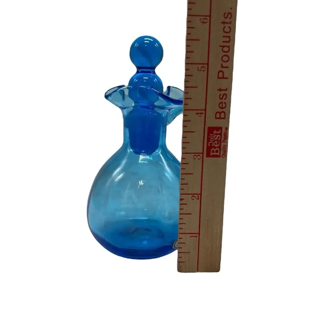 VTG RAINBOW Art Glass Bright Blue Pitcher Vase Decanter Oil Cruet Stopper 5in‎